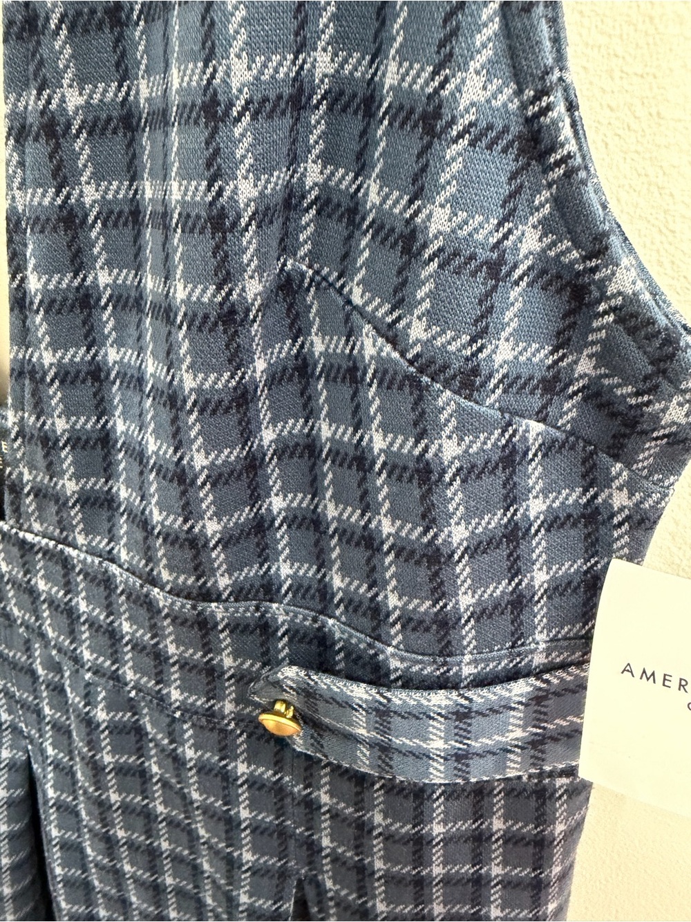 AEO Plaid Indigo Pinafore Mini Dress - Women size Large new - Picture 7 of 9